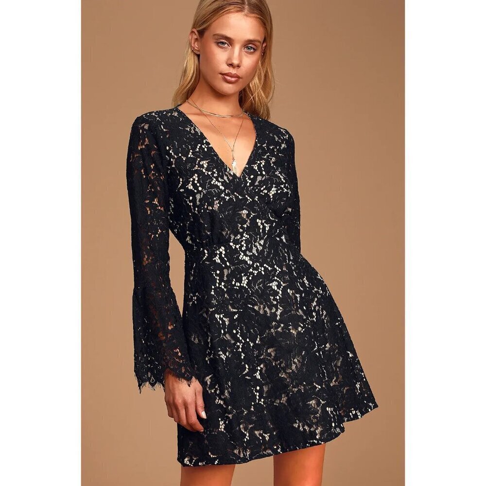 Lulu's Black With All My Heart Black Lace Long Sleeve Wrap Dress Women Size M